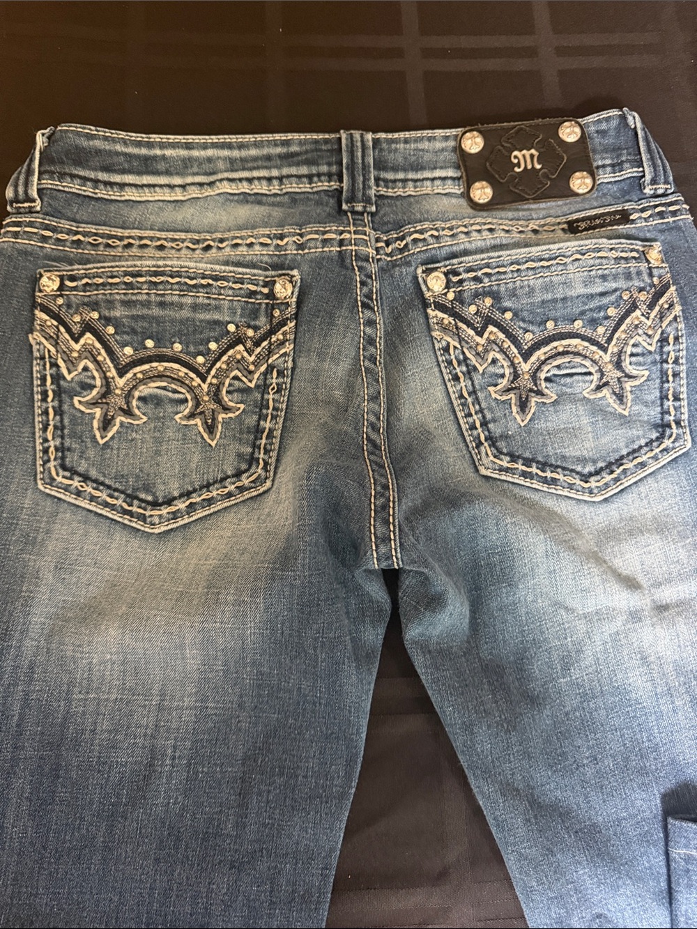 Miss Me Blue Straight Leg Jeans with Contrast Stitching - Picture 5 of 7